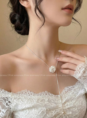 芒果氛围感珍珠山玫瑰花项链女毛衣链锁骨链轻奢高级感配饰饰品mg