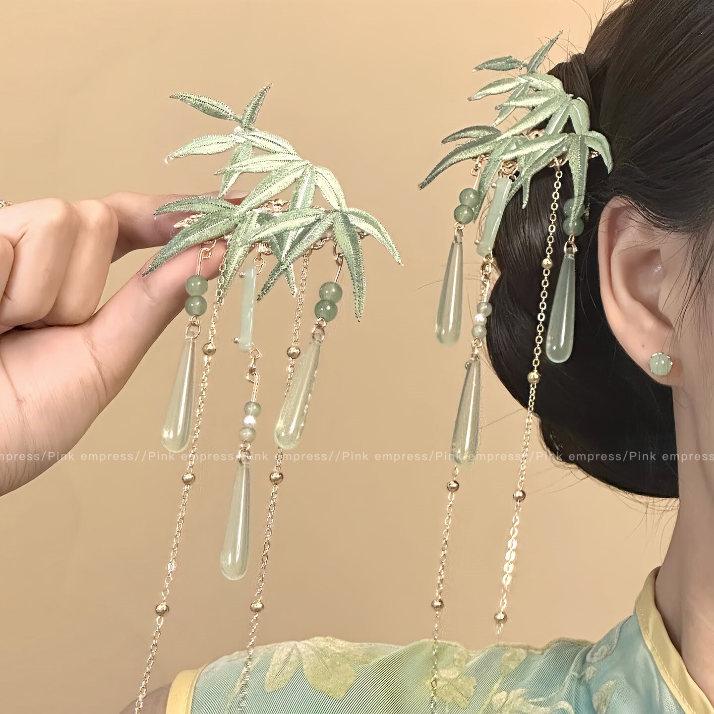 芒果新中式国风竹叶流苏发夹女旗袍头饰侧边夹发饰发卡夹子饰品mg