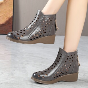 真皮镂空短靴女春夏坡跟软底透气洞洞靴凉靴休闲女凉鞋大码舒适