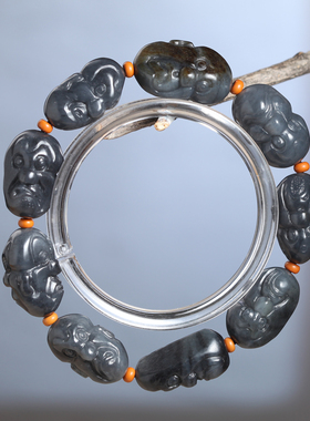 和田玉青花籽料苏工十八罗汉手串