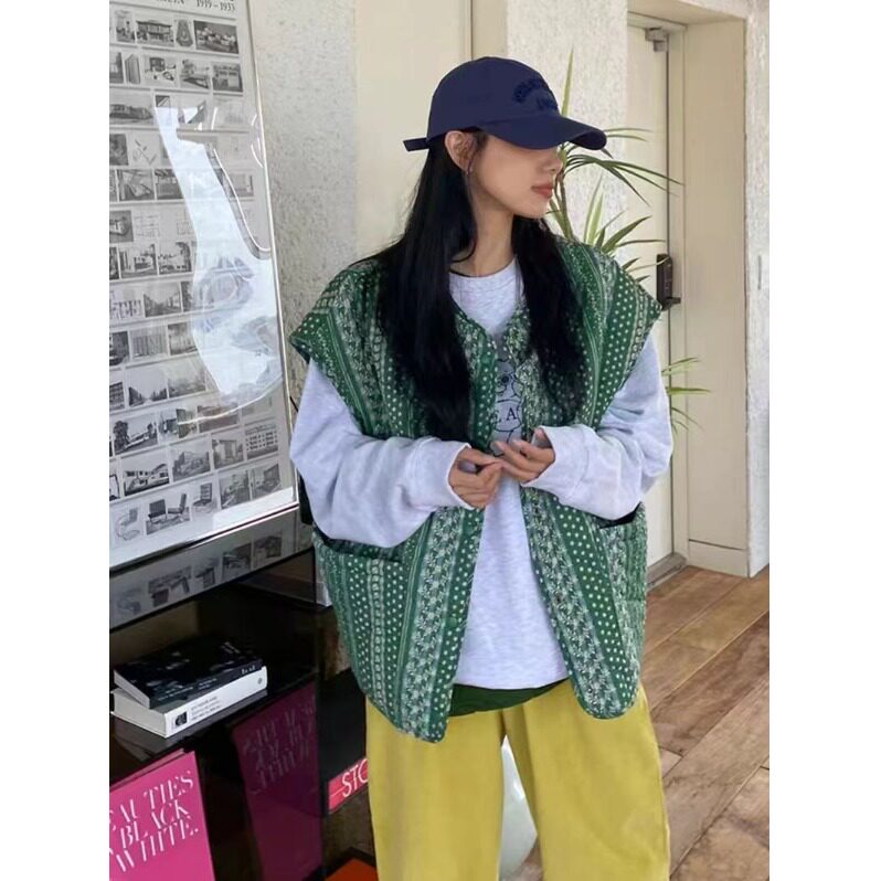 韩国新款图案背心棉服印花外套2026秋冬装棉衣大码宽松马甲女开衫
