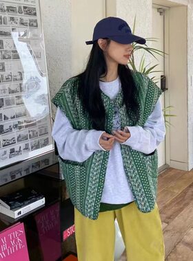 韩国新款图案背心棉服印花外套2026秋冬装棉衣大码宽松马甲女开衫