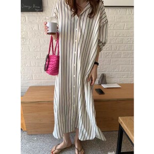 韩风chic2026春季慵懒风气质翻领条纹宽松大码落肩袖衬衫式连衣裙
