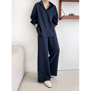 韩国chic法式松弛感宽松衬衣加高腰阔腿裤休闲套装2026春季新品