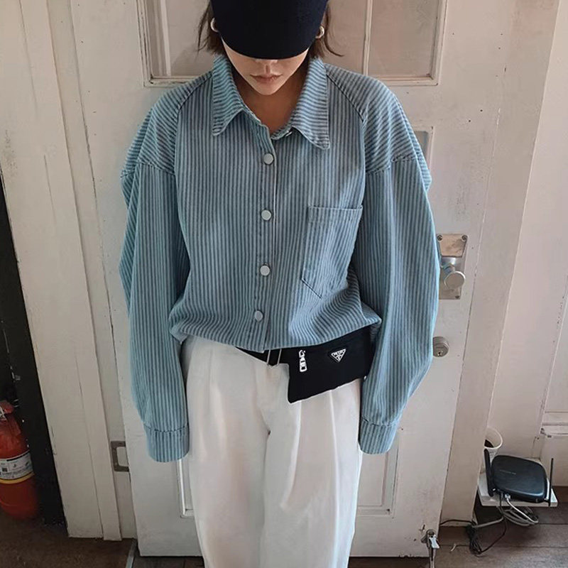韩风chic2026春季新品宽松复古竖条纹长袖牛仔衬衫显瘦气质上衣女
