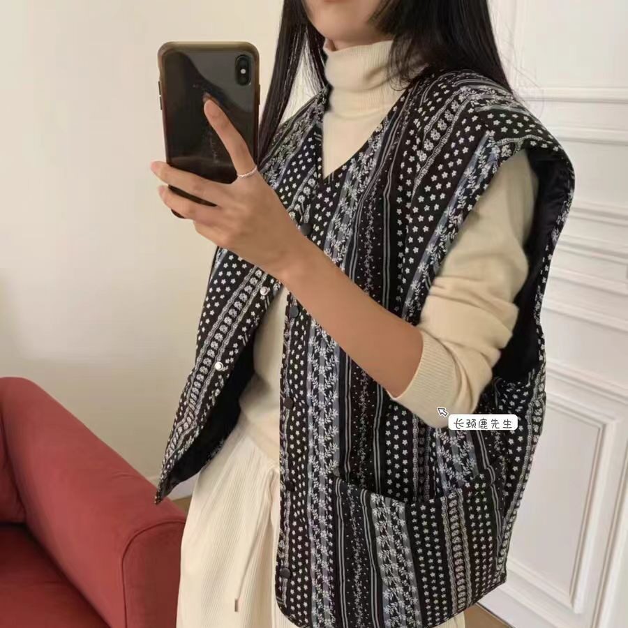 韩国2025秋冬新款图案背心棉服印花外套女秋冬装棉衣马甲女开衫女