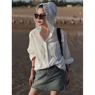 防晒薄外套潮 慵懒设计感小众空调衫 韩风镂空钩花连帽防晒衬衫 大码