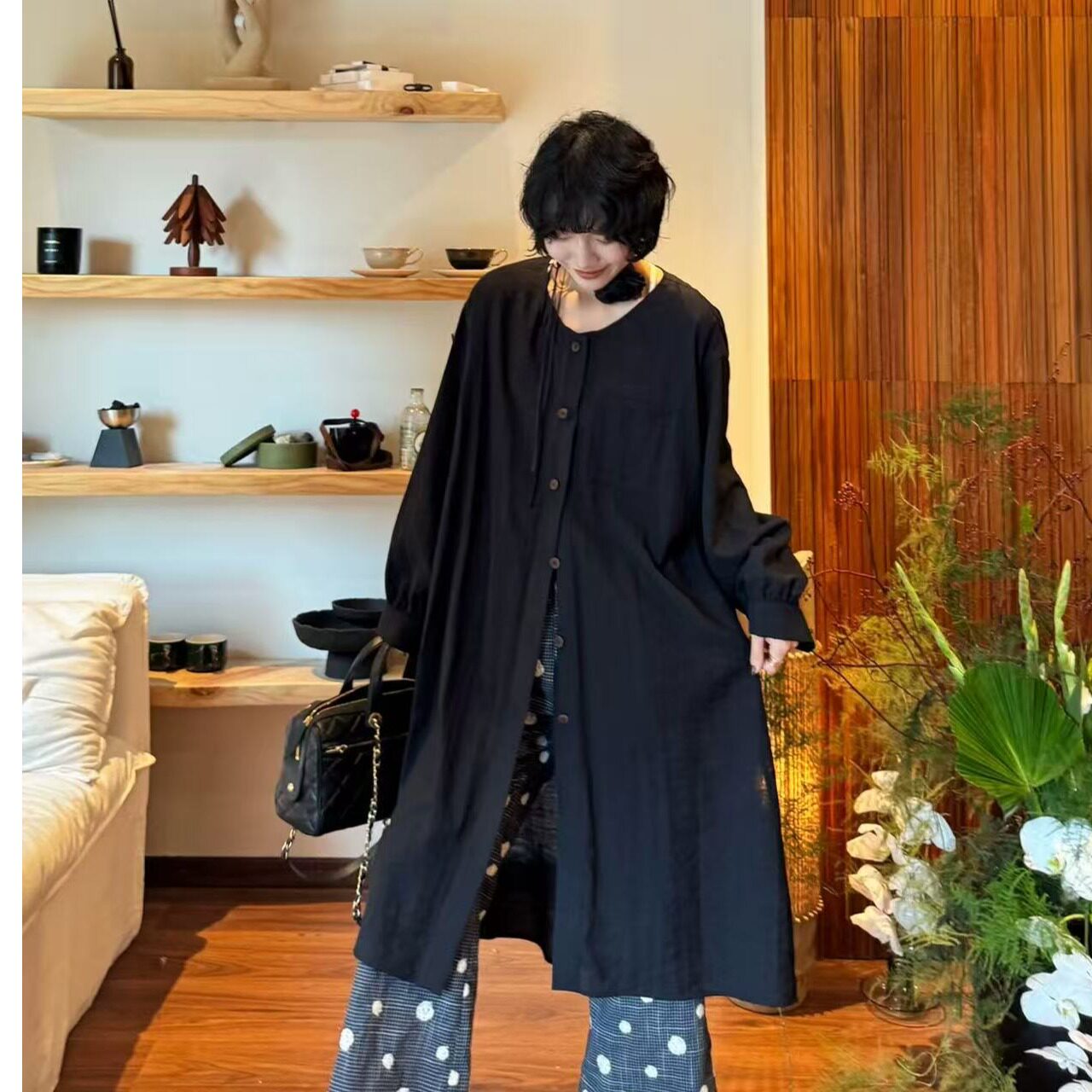 韩风chic慵懒黑色外套女2026春季新款大码中长款衬衫式外套罩衫