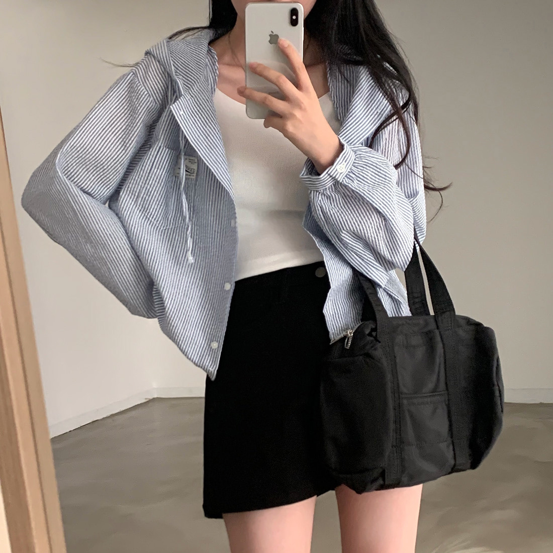 韩风chic2026夏季新品小个子气质条纹连帽宽松长袖衬衫外套开衫女
