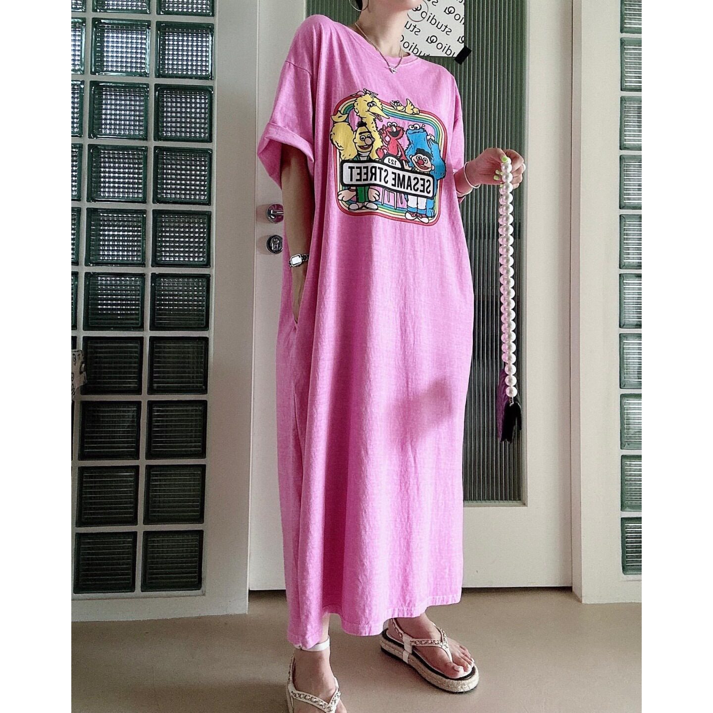 韩国chic2026夏季新品卡通印花宽松显瘦休闲大码慵懒中长款连衣裙