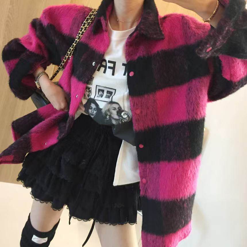 韩国chic撞色格子毛呢外套女2025冬季新款小个子韩系宽松呢子大衣
