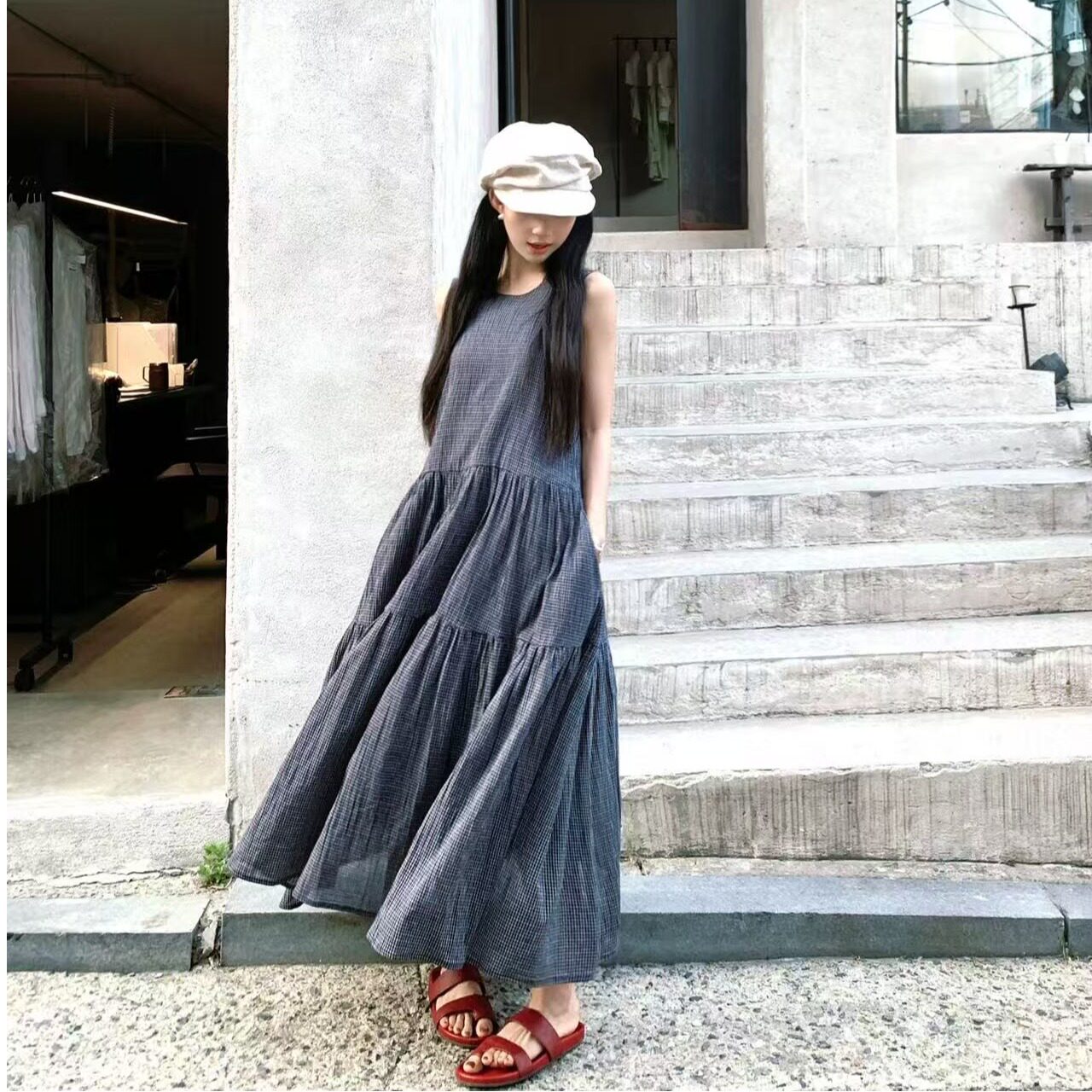 2026蓝格子连衣裙纯棉轻盈无袖中长款裙子大码女装胖MM气质风裙子