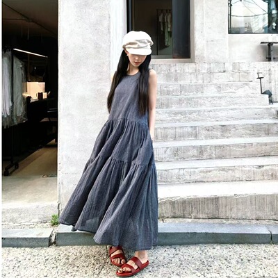 2026蓝格子连衣裙纯棉轻盈无袖中长款裙子大码女装胖MM气质风裙子