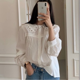 韩国chic2026春季新品气质减龄娃娃领百搭泡泡袖衬衫长袖减龄上衣