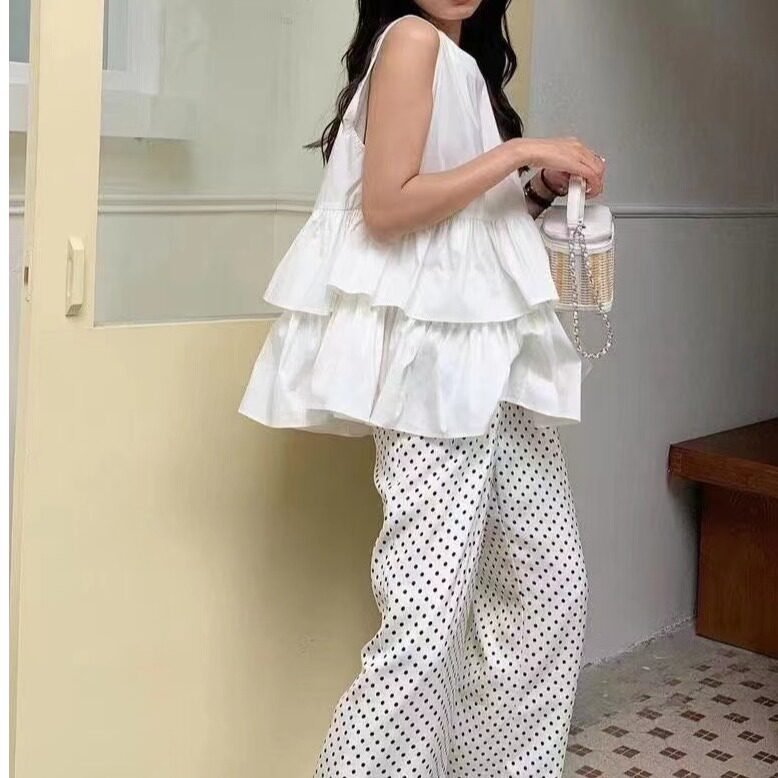 日韩chic夏季无袖层层荷叶边背心衬衫女系带蓬蓬A字娃娃衫上衣