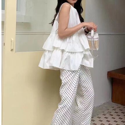 日韩chic夏季无袖层层荷叶边背心衬衫女系带蓬蓬A字娃娃衫上衣