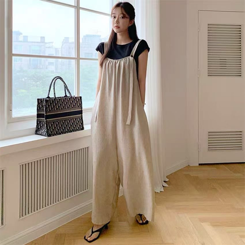 韩国chic双色棉麻高级感宽松背带裤女2026夏季新品大码慵懒裤子