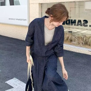 2026新款韩系chic复古休闲风撞色假两件长袖上衣阔腿裤两件套装