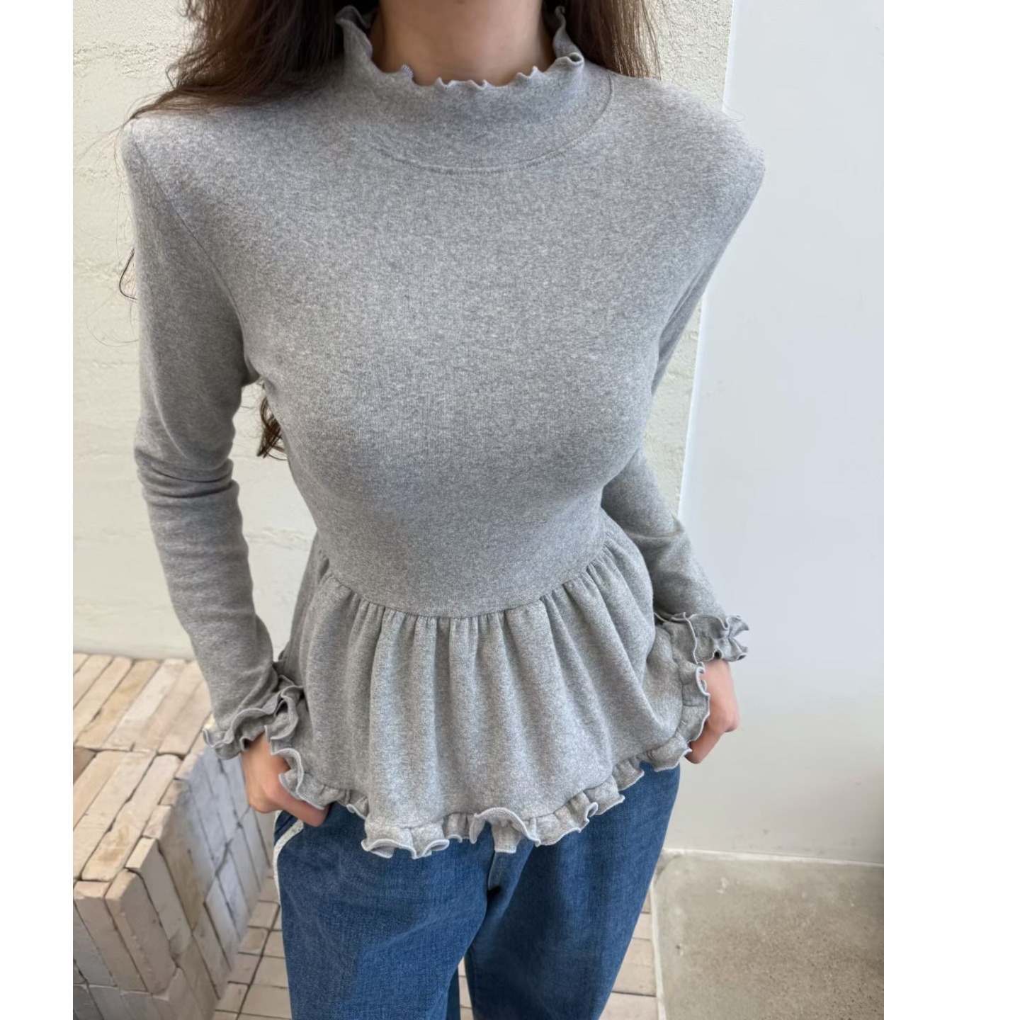 韩国Chic保暖木耳边半高领收腰打底修身显瘦上衣2025秋季新品