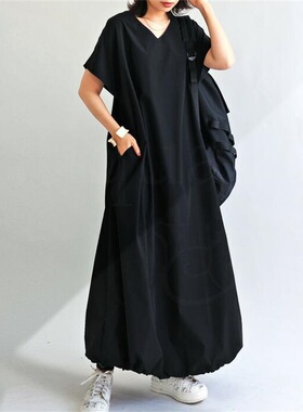 日韩chic2026夏季修身显瘦下摆连衣裙大码胖MMV领短袖简约裙子