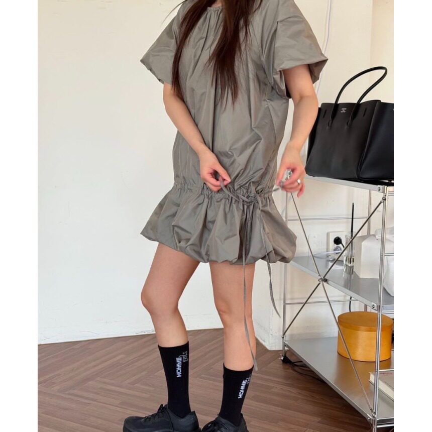 韩国chic2026夏季新品宽松小个子短裙气质显瘦花苞抽绳短袖连衣裙