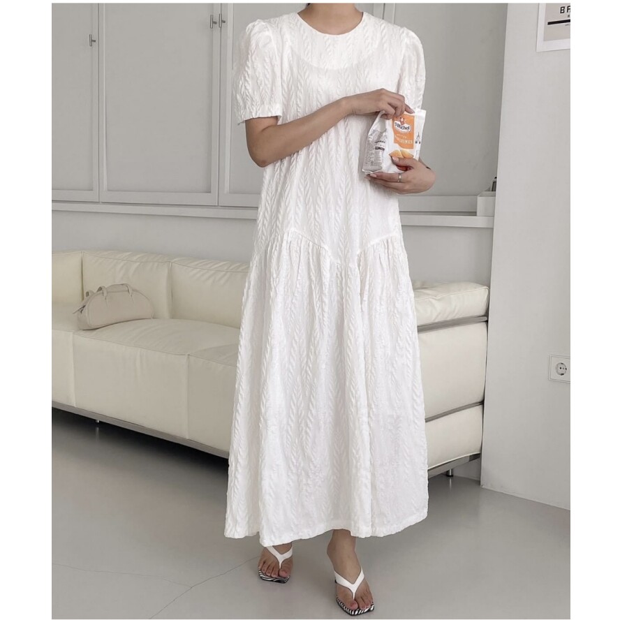 韩国chic2026夏季新款大码甜美立体花纹长款连衣裙两侧有口袋裙子