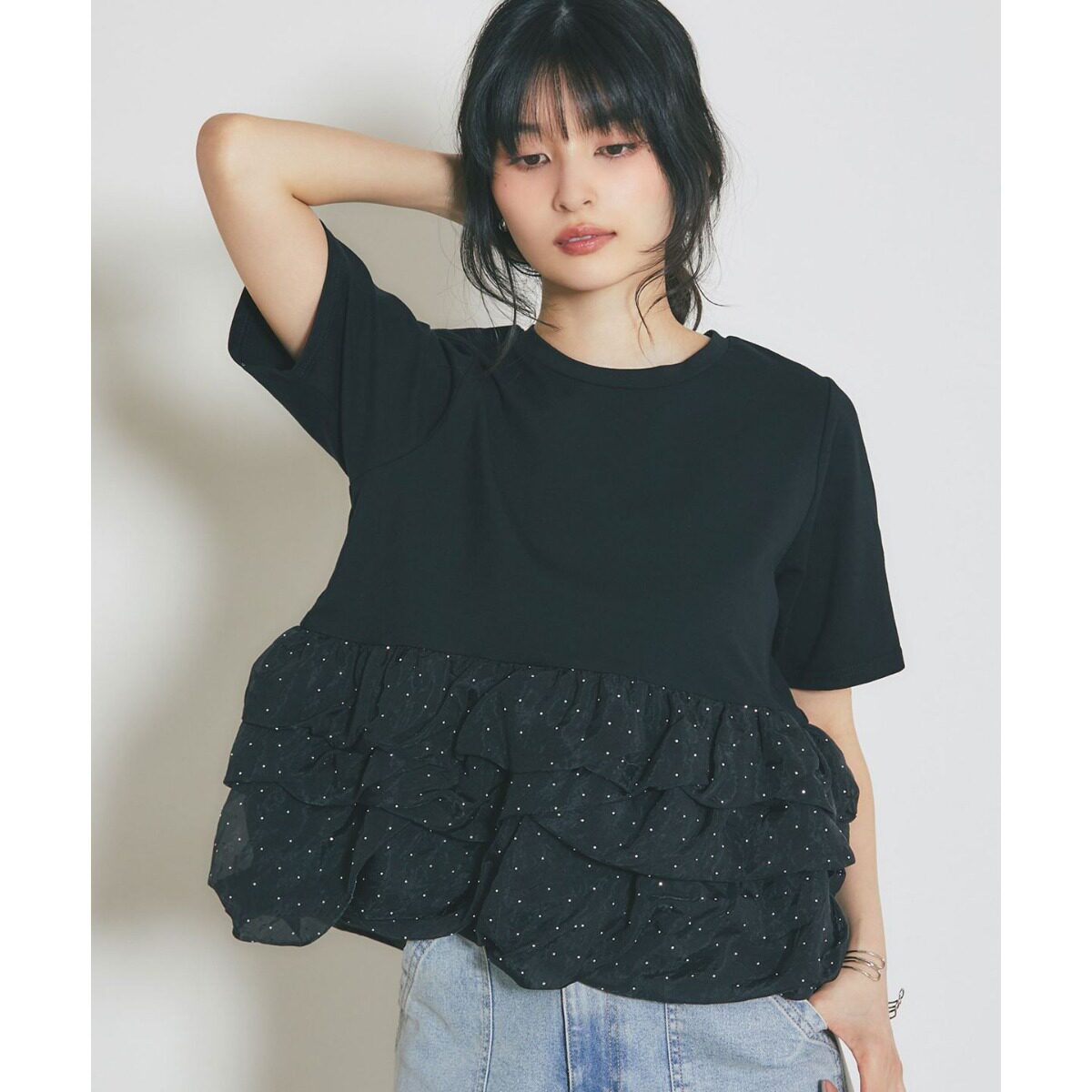 韩风2026夏季新款小众设计感层层网纱拼接短袖宽松显瘦T恤上衣女