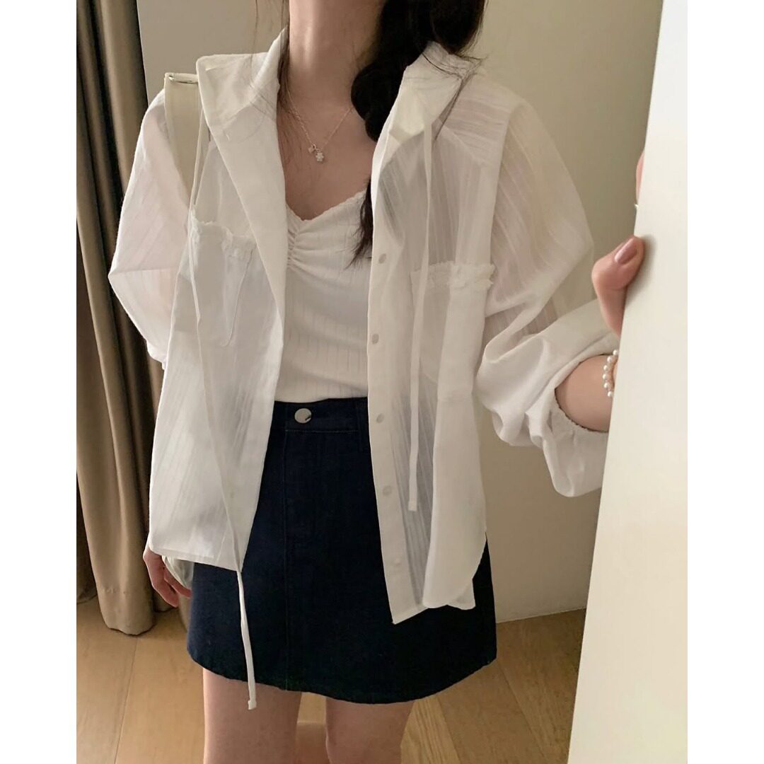 韩国chic26夏季新品宽松显瘦休闲百搭提花纯白连帽防晒衬衫外套