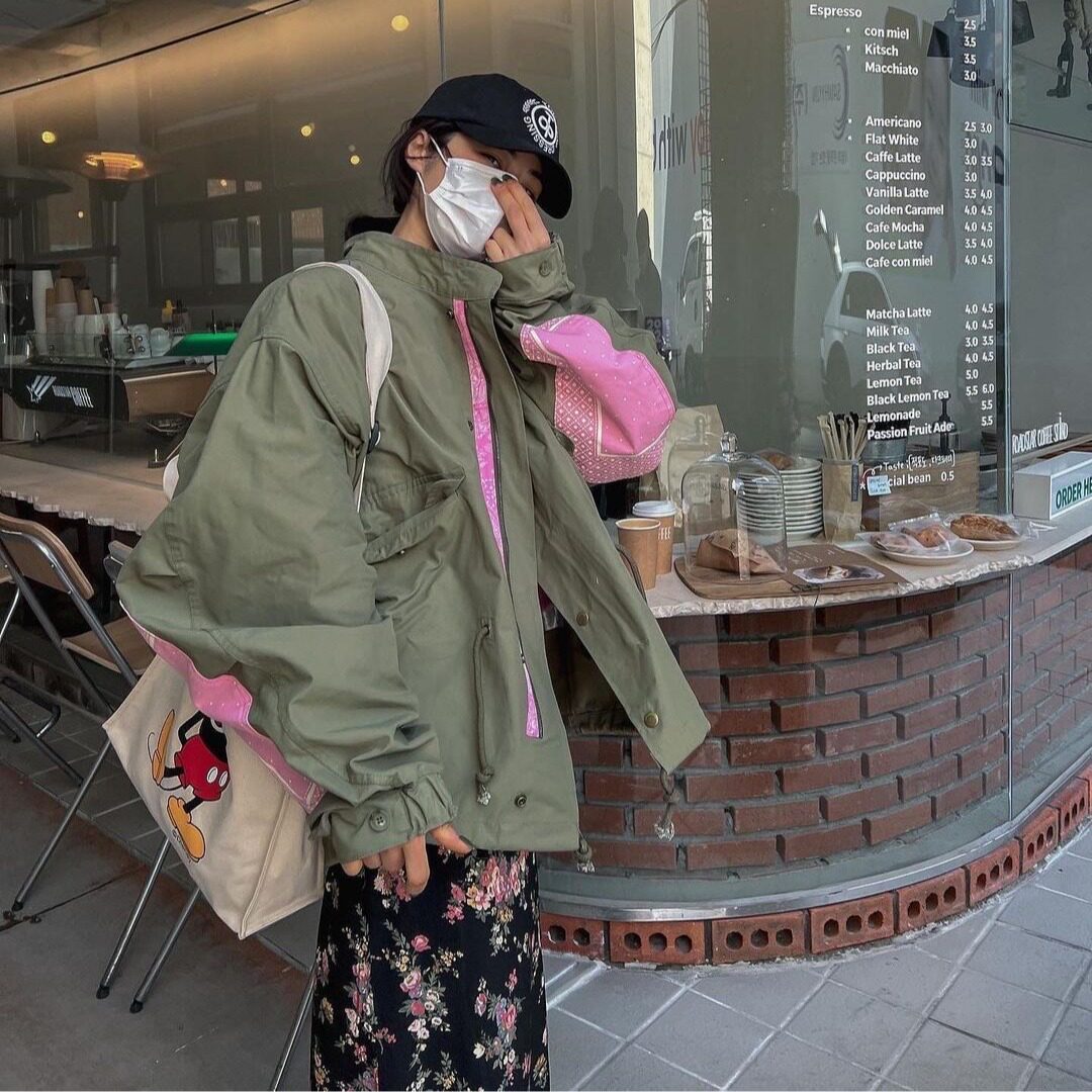 韩国chic2926春季军绿色工装风衣中长款大码慵懒宽松休闲长短外套