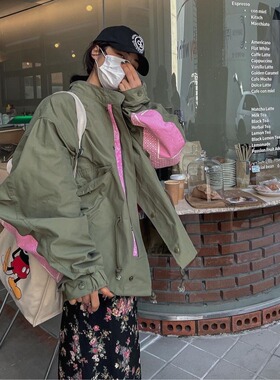 韩国chic2926春季军绿色工装风衣中长款大码慵懒宽松休闲长短外套