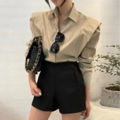 韩国chic2026复古简约翻领暗扣设计拼接荷叶边宽松长袖 衬衫 上衣