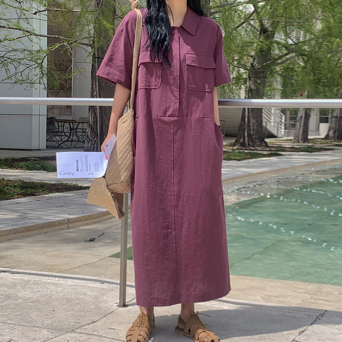 韩国chic2026夏季简约衬衫领一粒扣双口袋休闲宽松大码胖MM连衣裙
