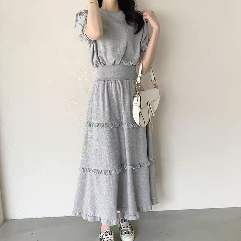 韩式夏季纯色T恤上衣+半身木耳边长裙套装裙2026夏季新品两件套装