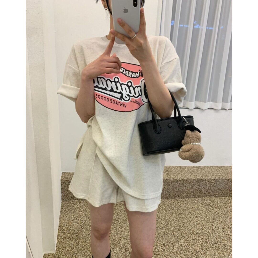 韩国chic2026夏季运动休闲宽松型字母印花夏日短袖套头两件套装