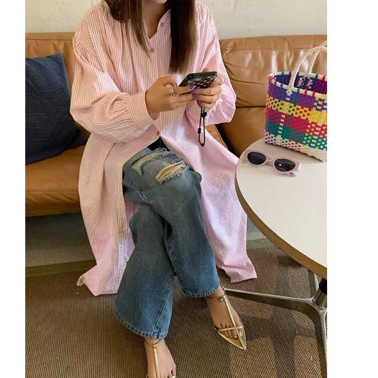 韩风粉色条纹衬衫裙女春秋2026新款大码胖MM宽松复古减龄百搭长裙