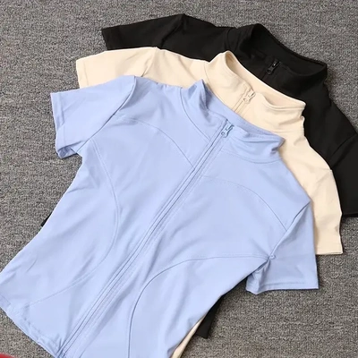 瑜伽服女紧身t恤运动短袖跑步训练普拉提立领拉链健身服外套秋季