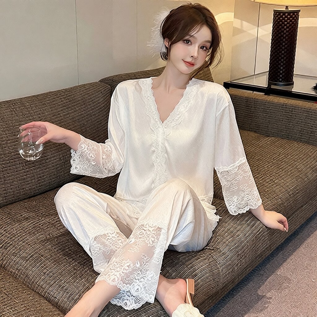 春夏季高级感冰丝蕾丝拼接女睡衣