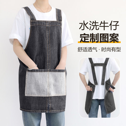 女时尚纯棉牛仔背带围裙定制logo