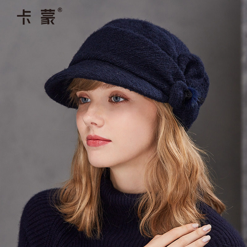 卡蒙纯色绵羊毛呢复古贝雷帽女秋冬平顶鸭舌帽时尚水貂毛球帽子