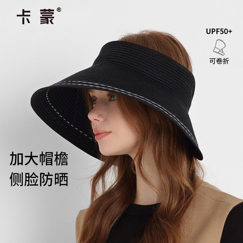 卡蒙赫本风花边法式空顶防晒草帽女夏遮阳可折叠大帽檐遮脸太阳帽
