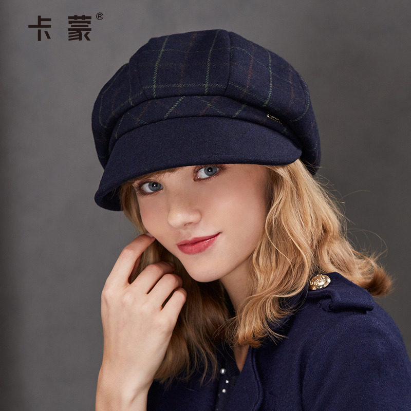 卡蒙复古格纹绵羊毛呢贝雷帽显脸小女秋冬英伦八角帽保暖鸭舌帽