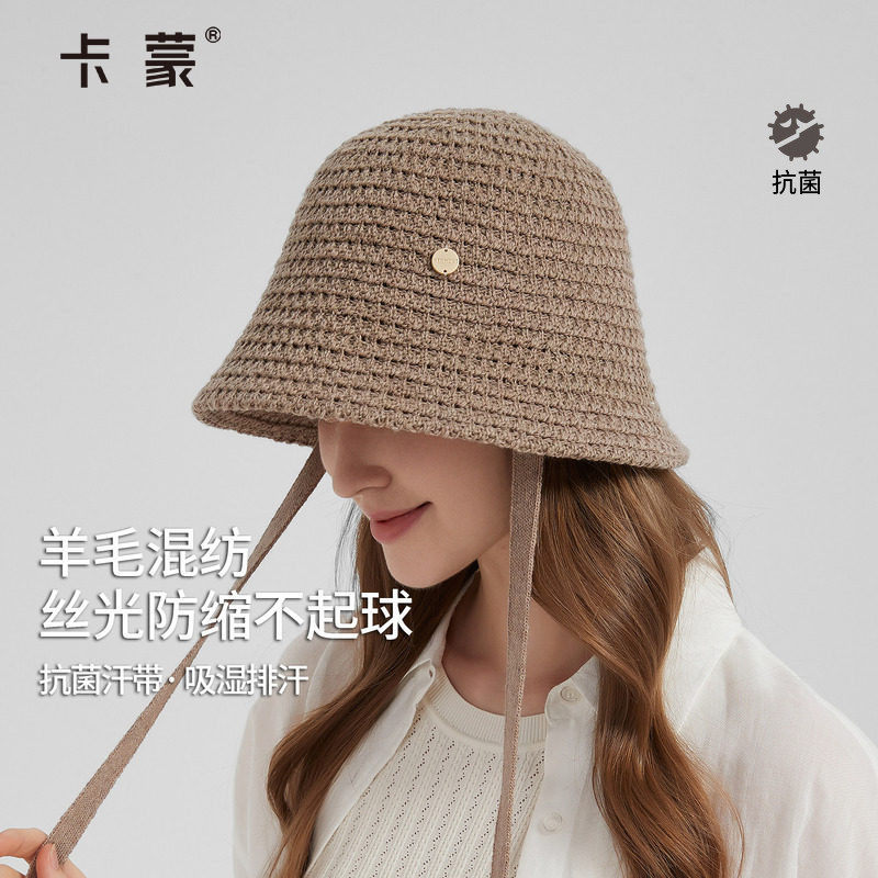 卡蒙针织渔夫帽女秋冬护耳系带水桶帽子可折叠保暖盆帽显脸小百搭