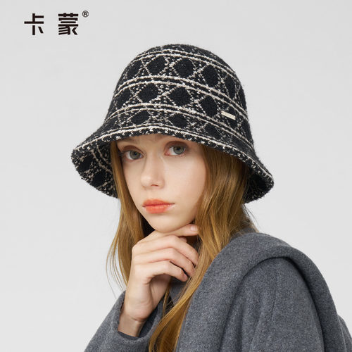 卡蒙小香风百搭条纹可折叠渔夫帽女秋冬护耳亲肤保暖羊毛毛呢盆帽