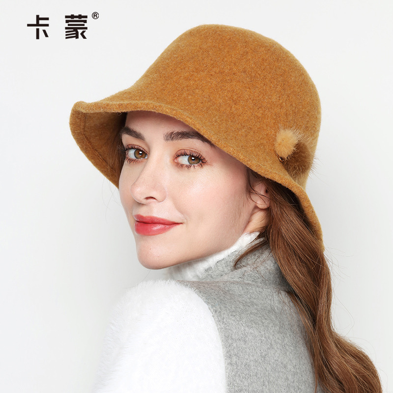 卡蒙可折叠绵羊毛呢渔夫帽女秋冬百搭帽子复古潮毛毡帽巴恩风盆帽