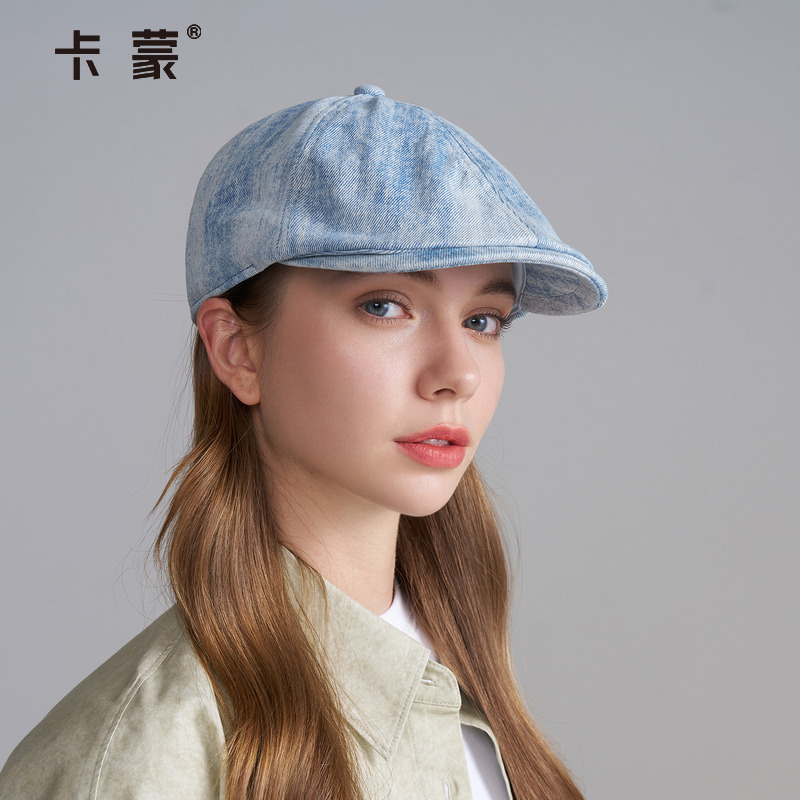 卡蒙棉麻帽子复古贝雷帽女款2025新款显脸小前进帽百搭牛仔鸭舌帽