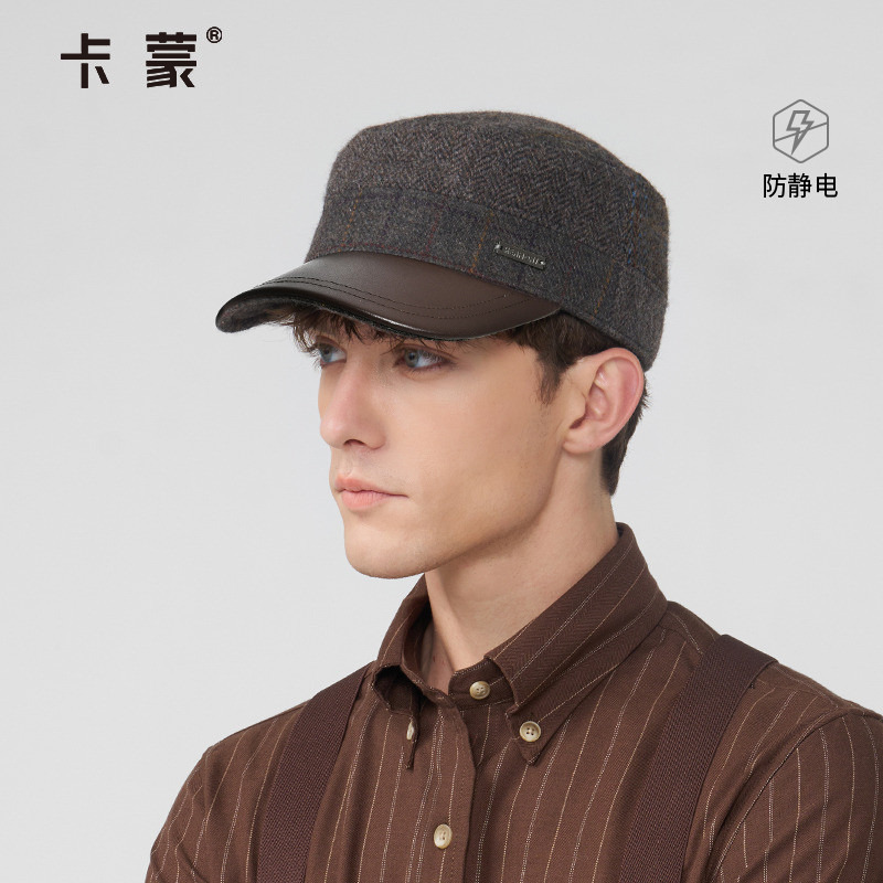 卡蒙鸭舌帽男款秋冬大头围羊皮革平顶帽绵羊毛呢加厚深保暖抗静电