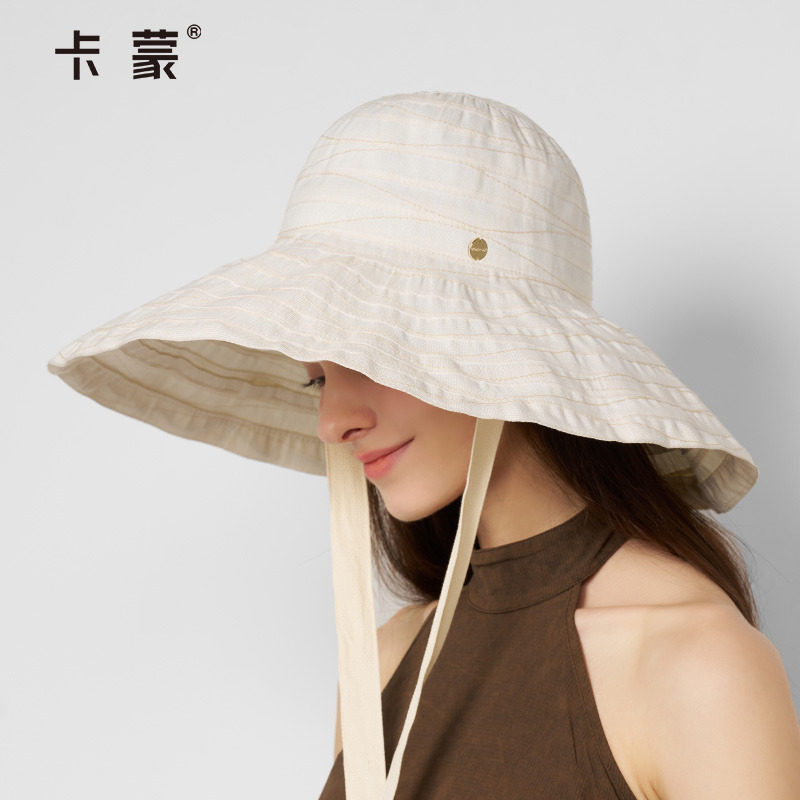 卡蒙帽子女遮阳防晒帽新款遮脸大檐飘带渔夫帽时尚防紫外线太阳帽