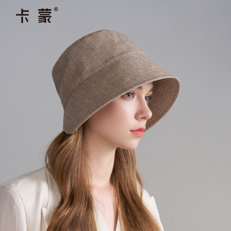 卡蒙秋冬羊毛渔夫帽女士2025新款大头围帽子超好看格纹高级感盆帽