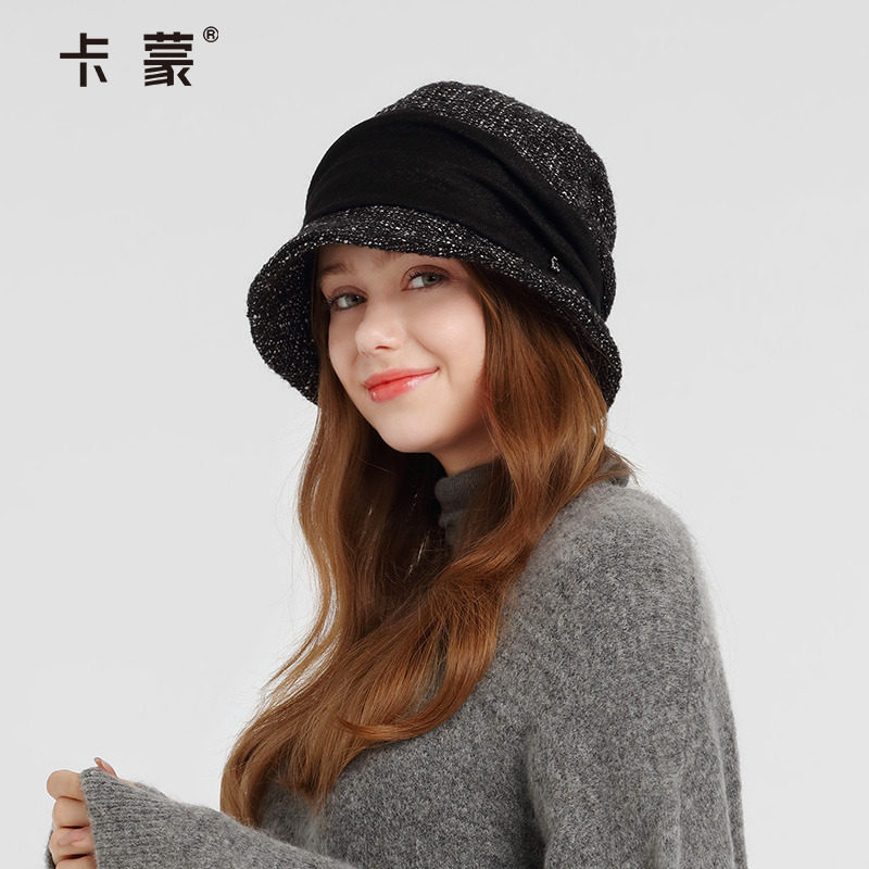 卡蒙日系绵羊毛水钻贝雷帽八角帽小香风女秋冬复古黑色毛呢盆帽