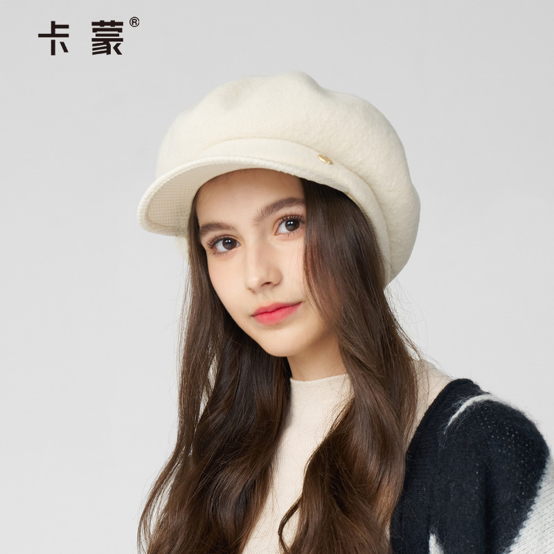 卡蒙100%全羊毛呢华夫格子云朵贝雷帽小香风气质新款画家帽显脸小